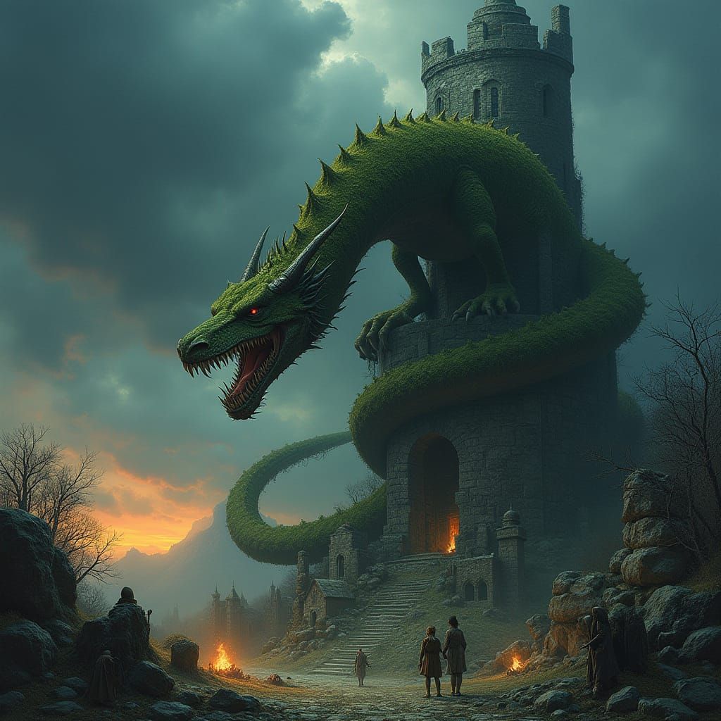 Moss Dragon Coiled Around Gothic Tower