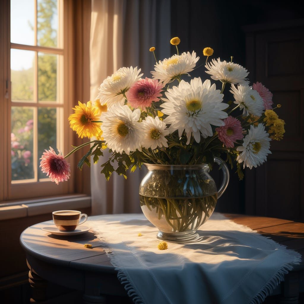 Chrysanthemums in Glass Vase Bathed in Morning Light