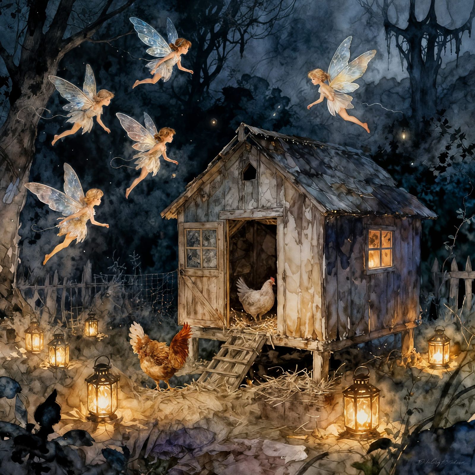 Whimsical pixies with delicate, translucent wings flutter around a rustic chicken coop, their tiny forms illuminated by ...