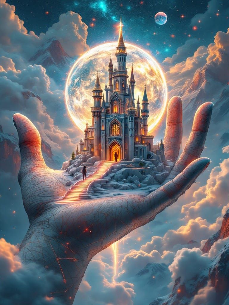 Surreal Techno-Fantasy Castle on Palm of Hand in Neon Liquid...