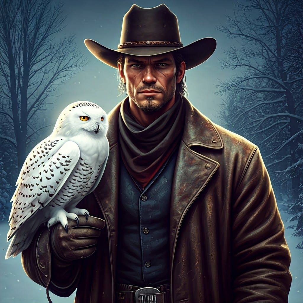 Cowboy and Majestic Snowy Owl in Dramatic Winter Landscape