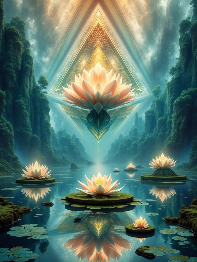 Underwater Pyramid Lake with Lotus in Watercolor Style