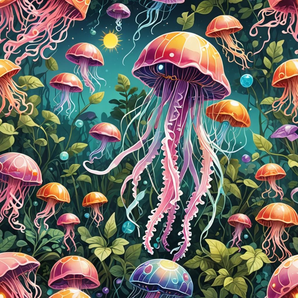 Solarpunk Jellyfish Plush Toy in Gouache Style