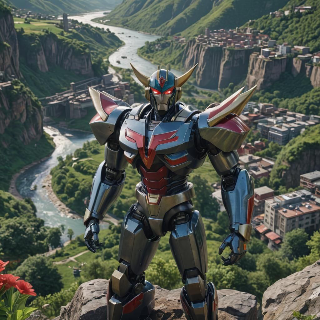 Grendizer in Lush Valley Cityscape: Cyberpunk Mech
