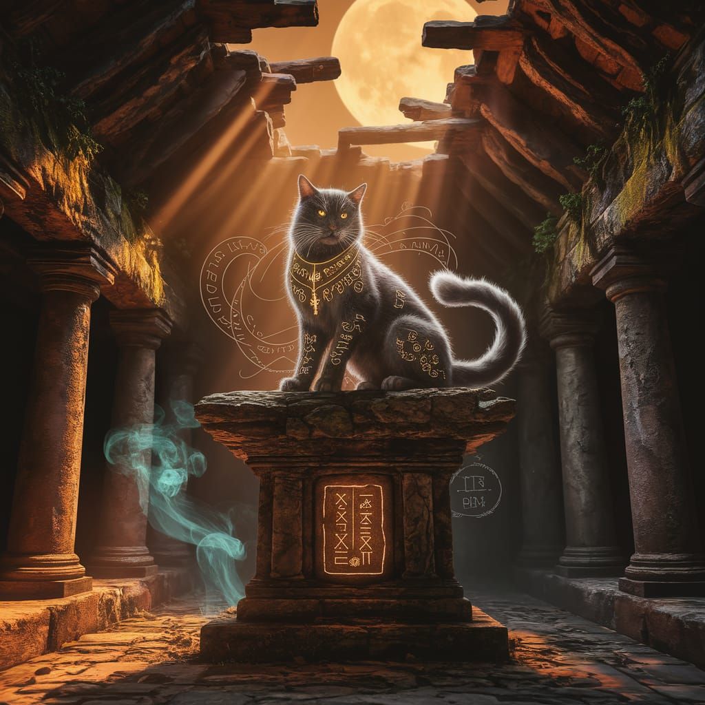 Mystical Feline with Glowing Runes on Ancient Altar