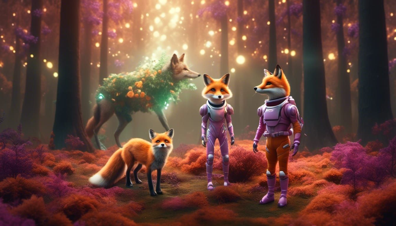 Fox Astronaut in Mystical Forest, 3D Render