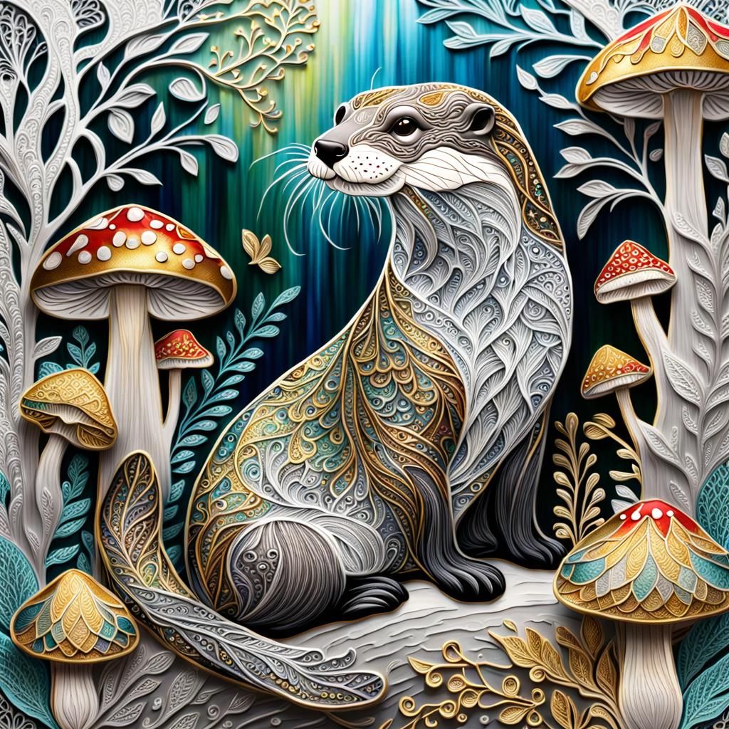 Lace Otter in Magical Forest, Impasto Style