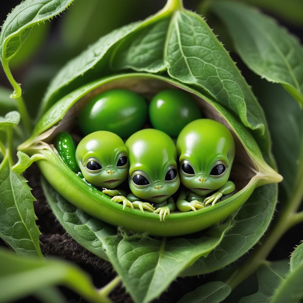 Sleeping Alien Twins in a Peapod Macro Photograph
