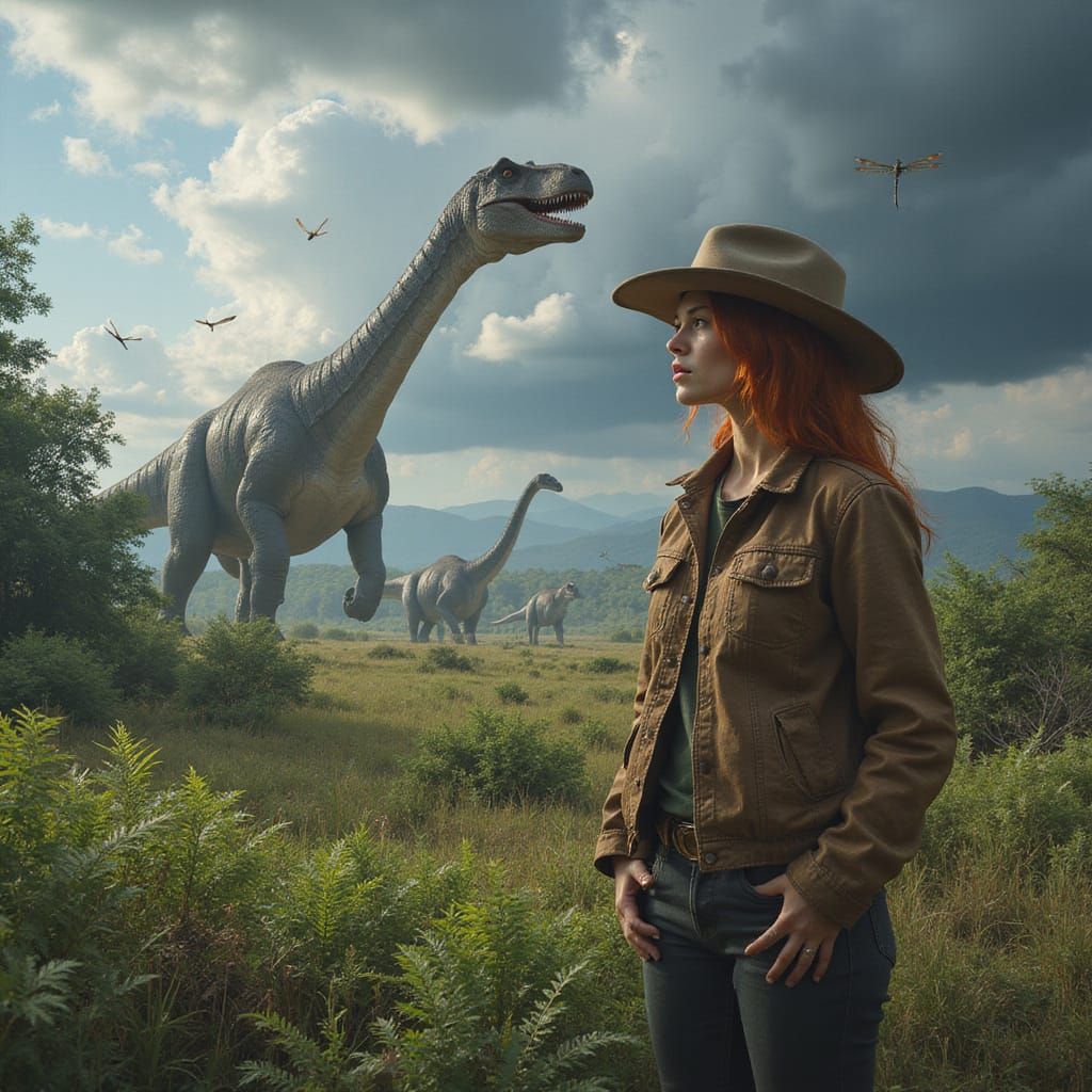 Paleontologist Amidst Fantastical Sauropod Landscape