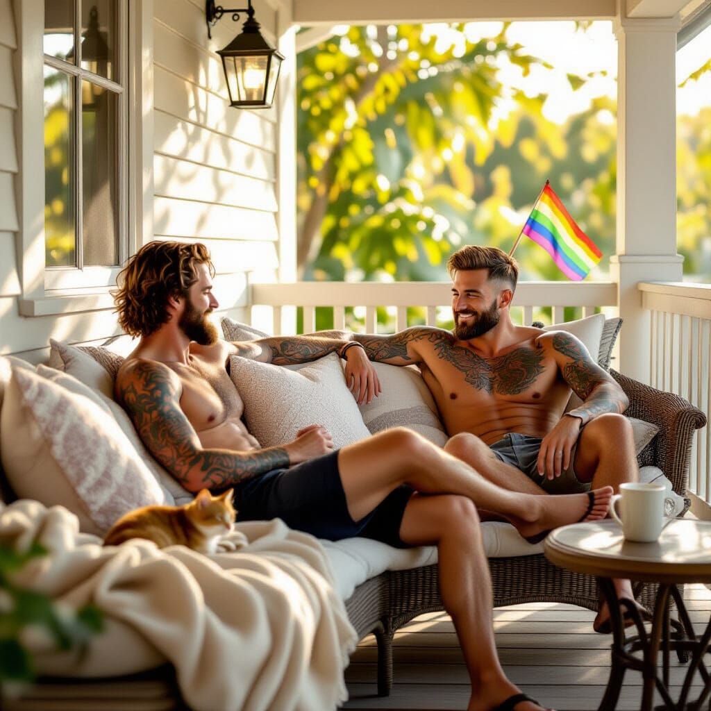 Cozy Veranda Scene with Two Men in Pastel Colors