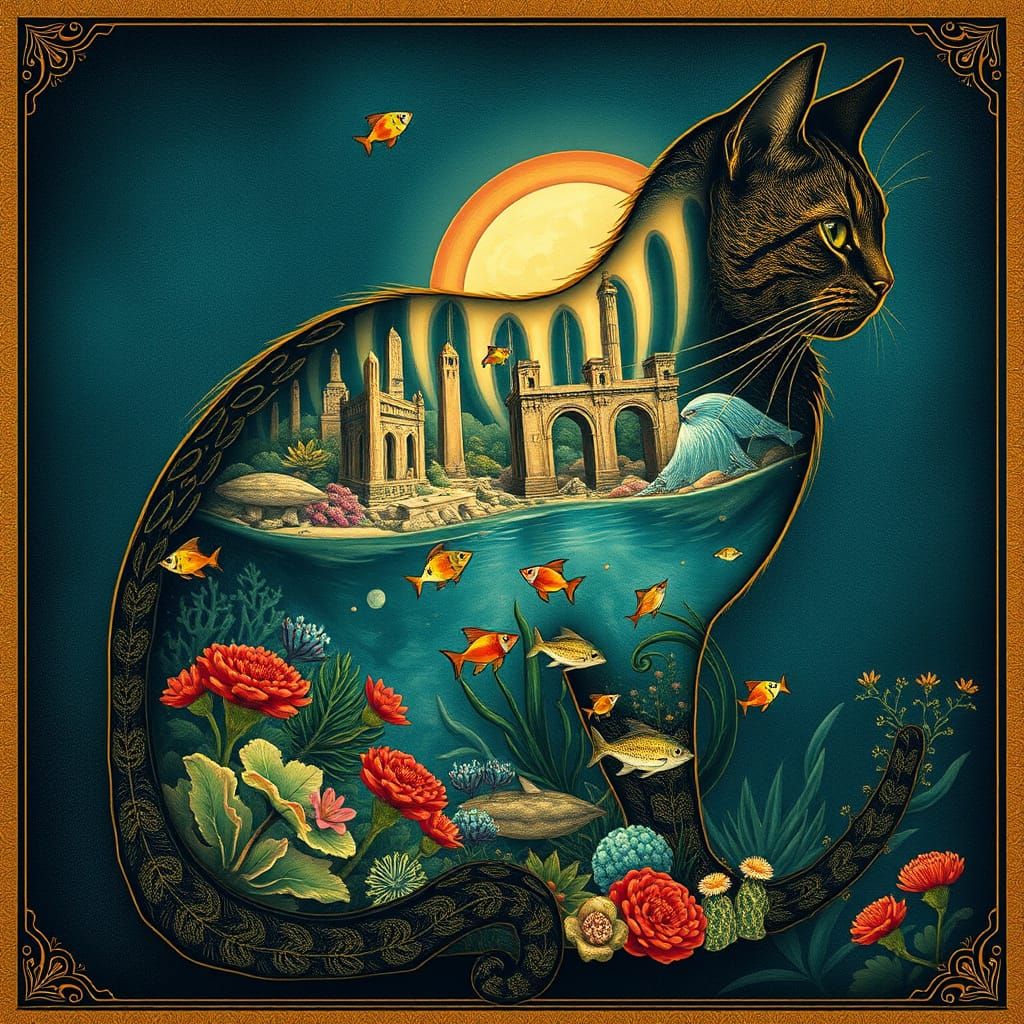 Underwater Fantasy Inside Tabby Cat Silhouette