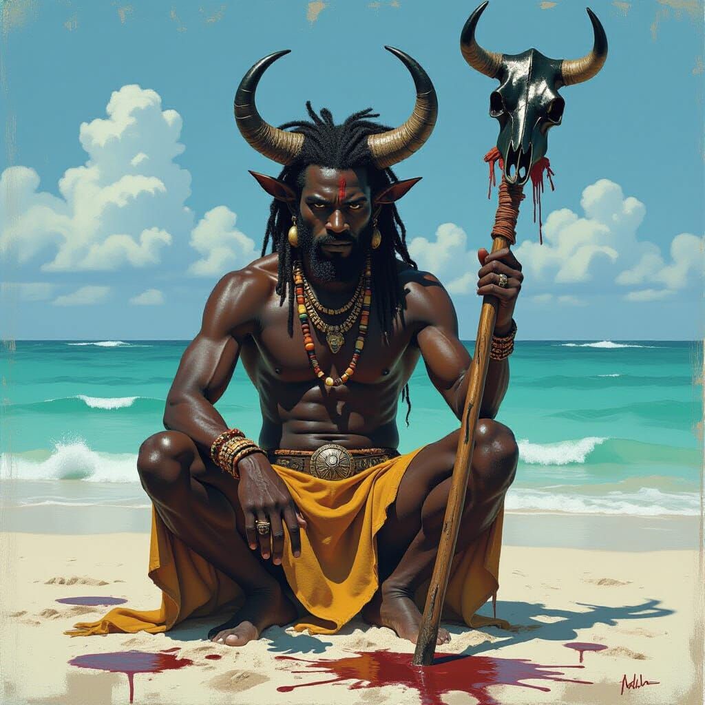 Caribbean Shaman with Cow Skull in Basquiat Style