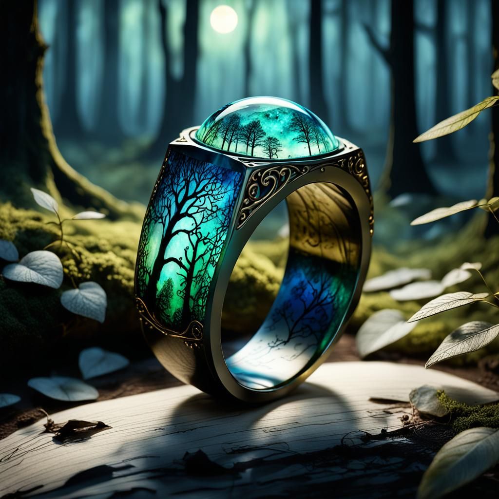 Luminescent Elven Ring on Parchment in Dark Forest