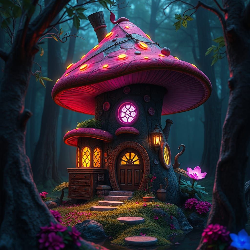 Cyberpunk Fantasy in Luminous Bioluminescent Forest