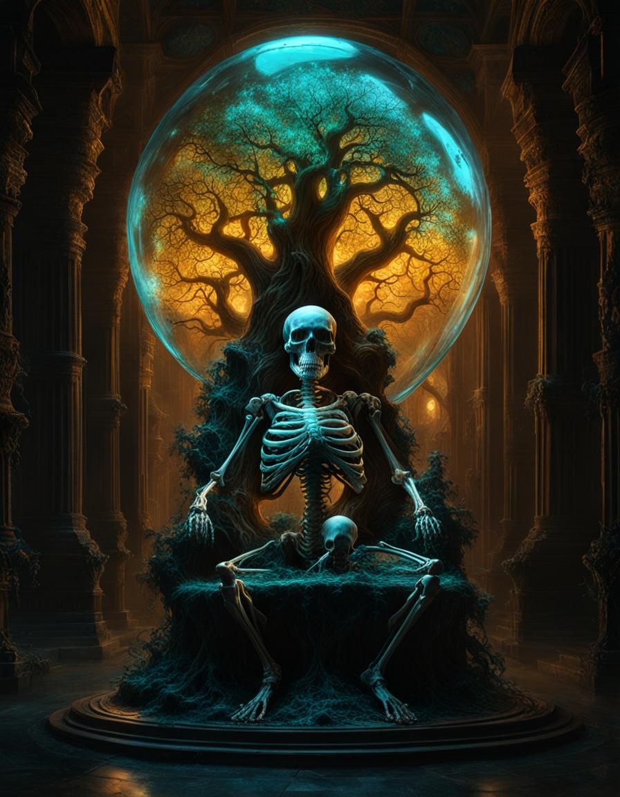 Bioluminescent Skeleton Holding Soul Prison, Fantasycore Art...