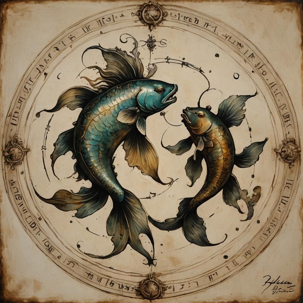 Pisces Zodiac Symbols in Rembrandt Style