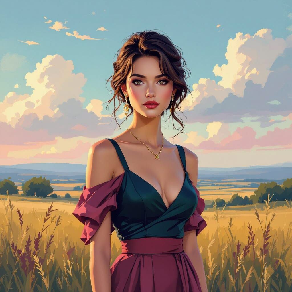 Elegant Woman in Serene Landscape: Digital Art