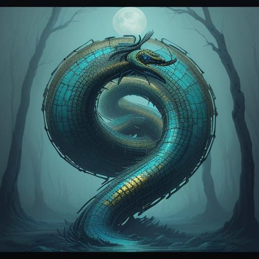 Mystical Korean Serpent in Turquoise and Gold
