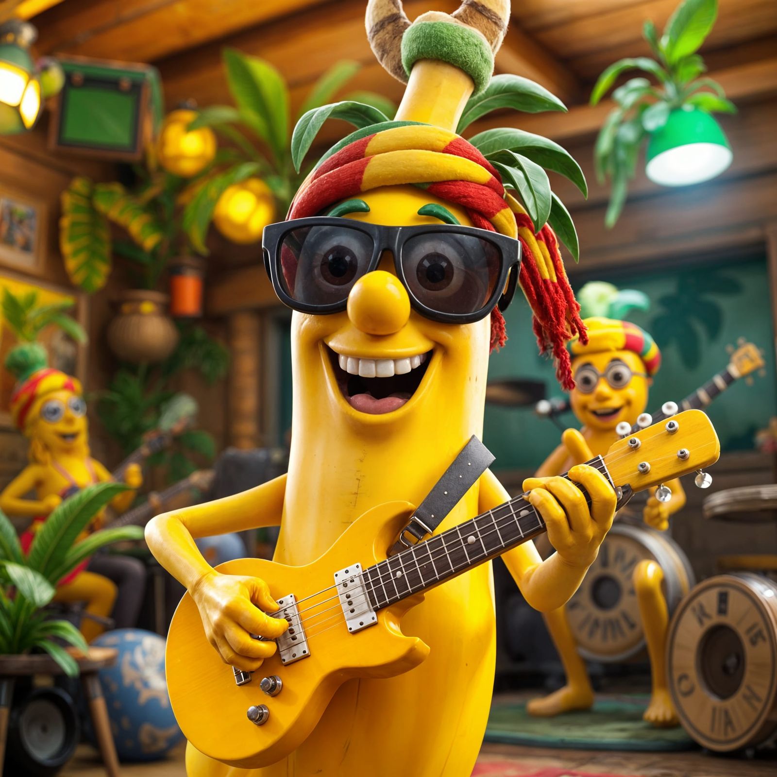 Cheerful Banana Rockstar in Reggae Band