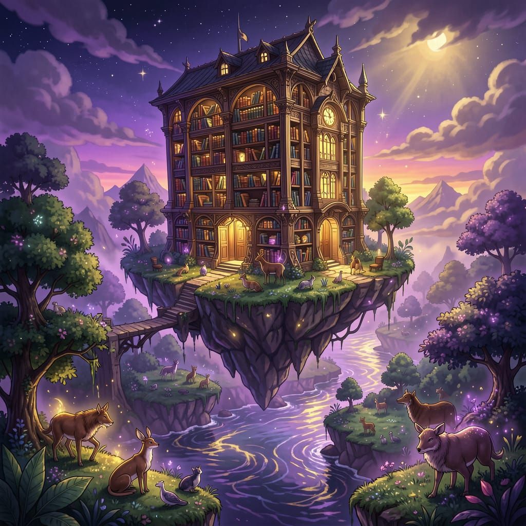 Mystical Floating Library on Island in Anime Art Style