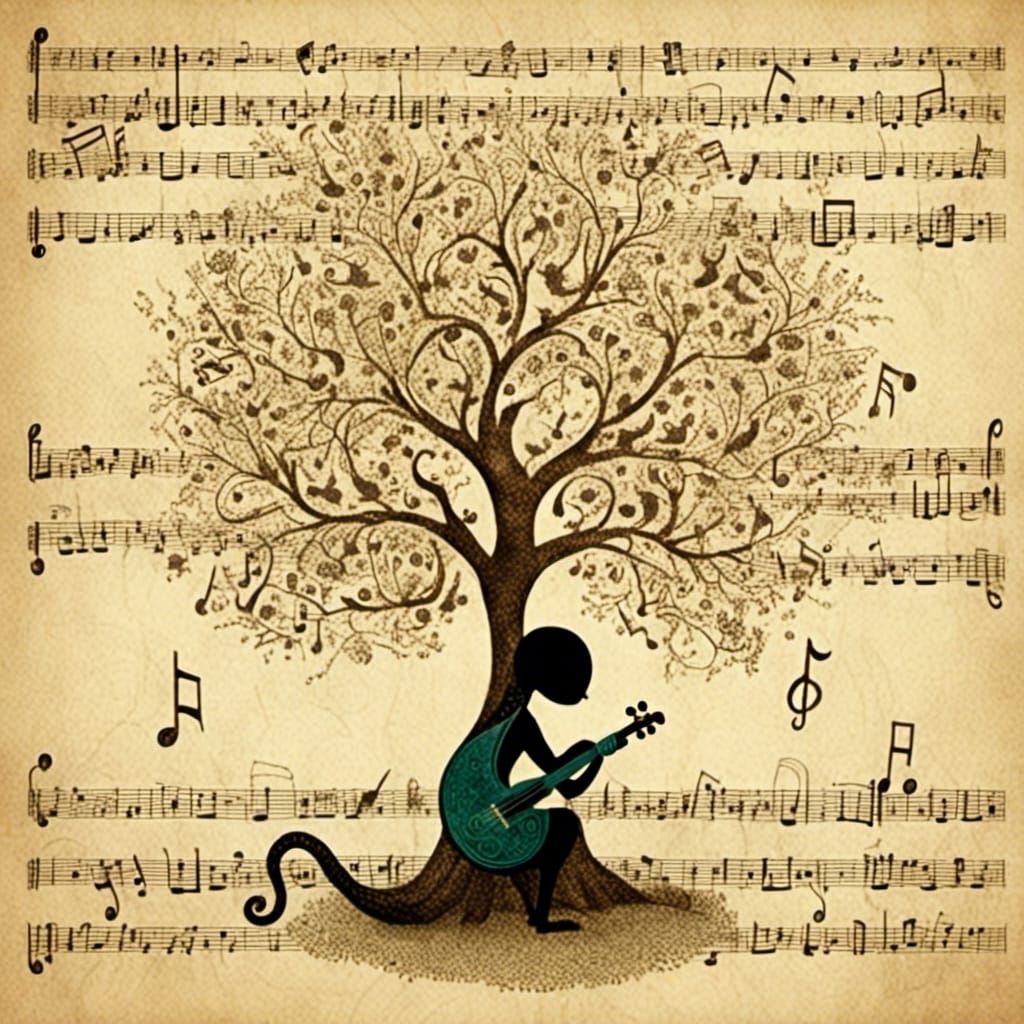 Musical Creature Plays Violin Under Note Tree