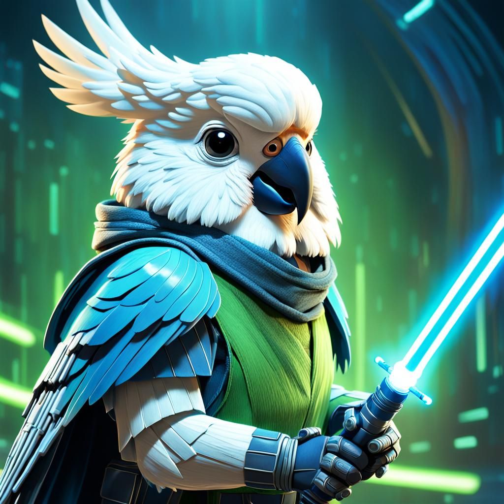 Cockatoo Jedi Knight Concept Art in Pixar Style
