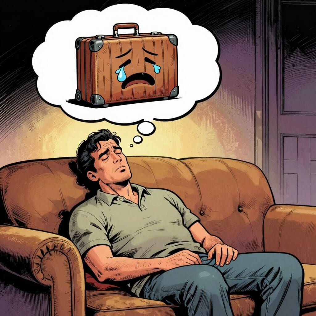 Man Overwhelmed by Emotional Baggage in Comic Style