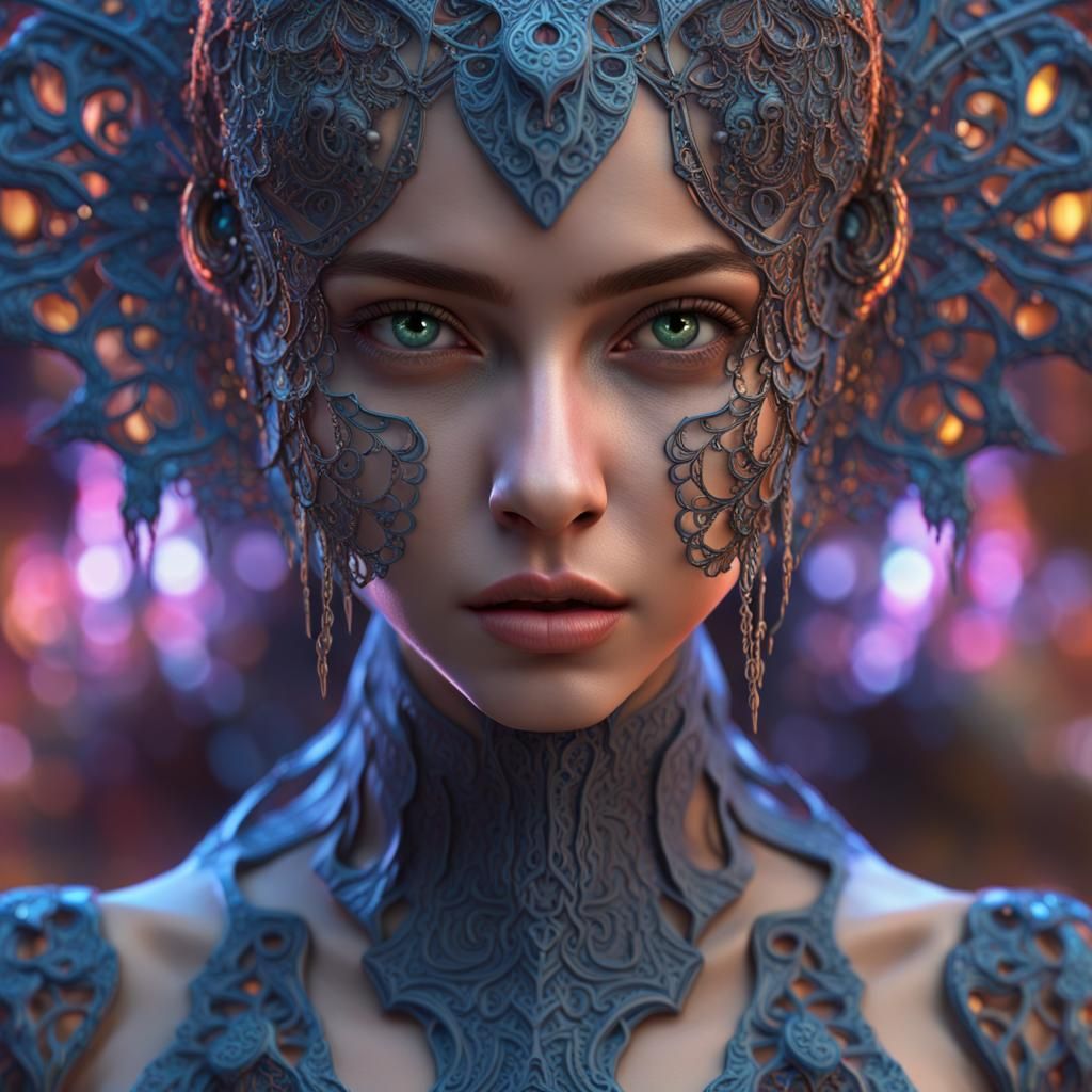 Hyperstylized Girl with Geometric Lace Details