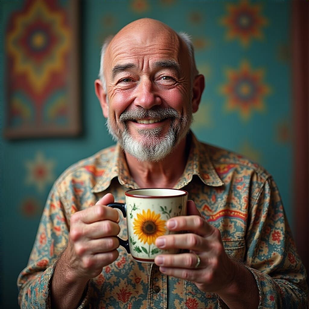 Happy Older Man Holding Coffee Mug in Photorealistic Style