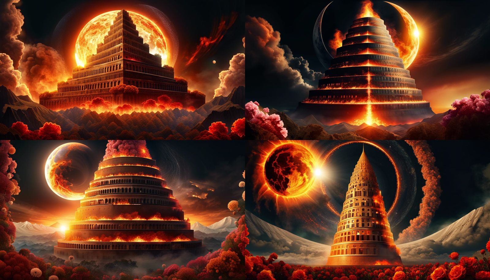 Burning Towers of Babel in a Floral Landscape