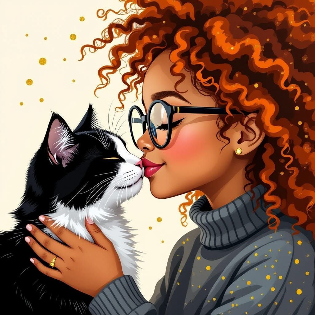 Girl Kisses Cat in Soft Pastel Illustration