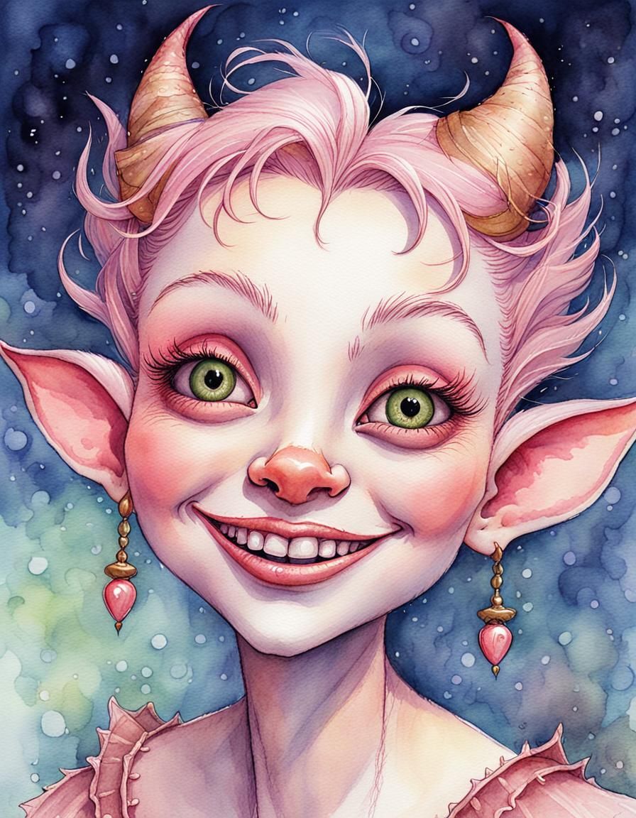 Whimsical Imp Girl Portrait in Watercolor Style