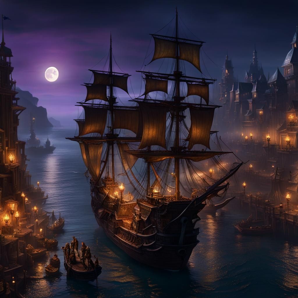 Pirate Port City at Night: Dark Fantasy Concept Art