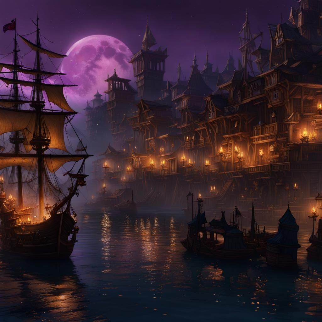 Lively Pirate Port City at Night: Dark Fantasy Art