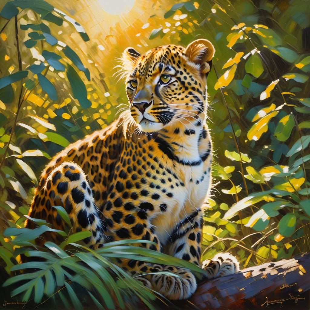 Leopard Cub in Jungle, Impressionist Oil Painting