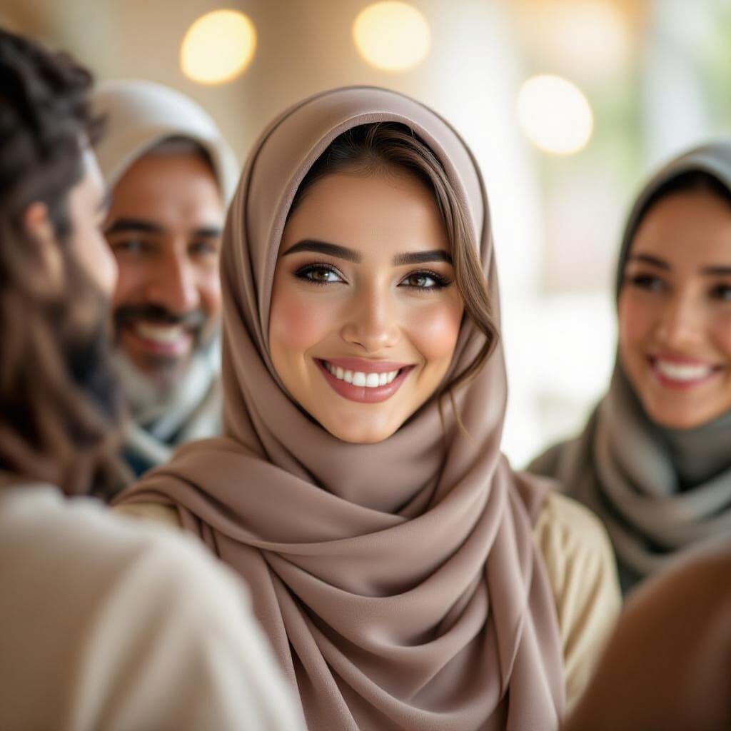 Elegant Hijab Portrait with Warm Smile and Soft Bokeh