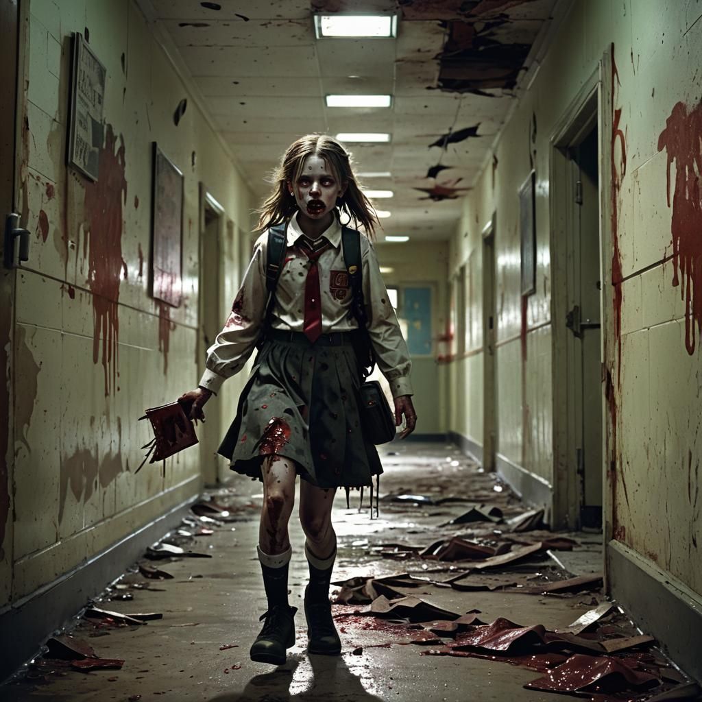 Zombie Schoolgirl in Abandoned School, Greg Rutkowski Style
