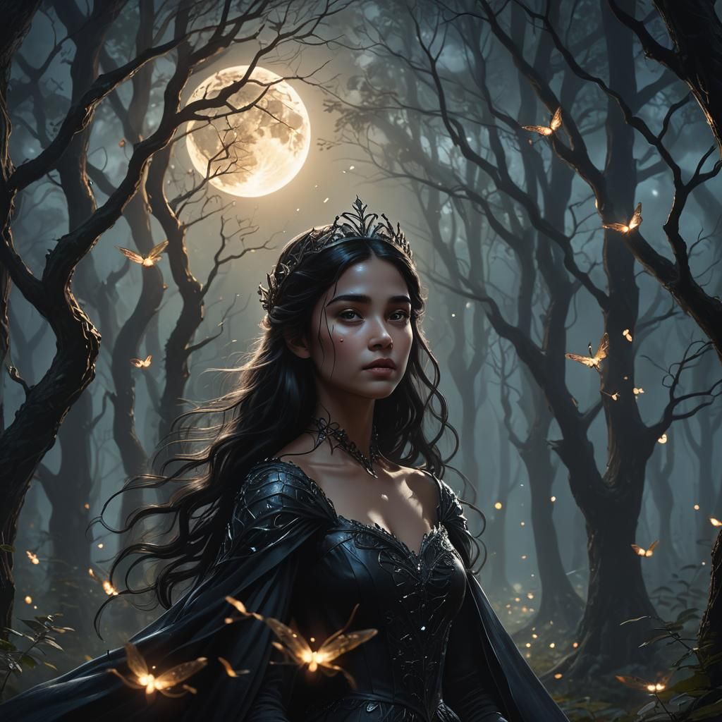 Shadow Princess in Dark Forest: Dark Fantasy Art