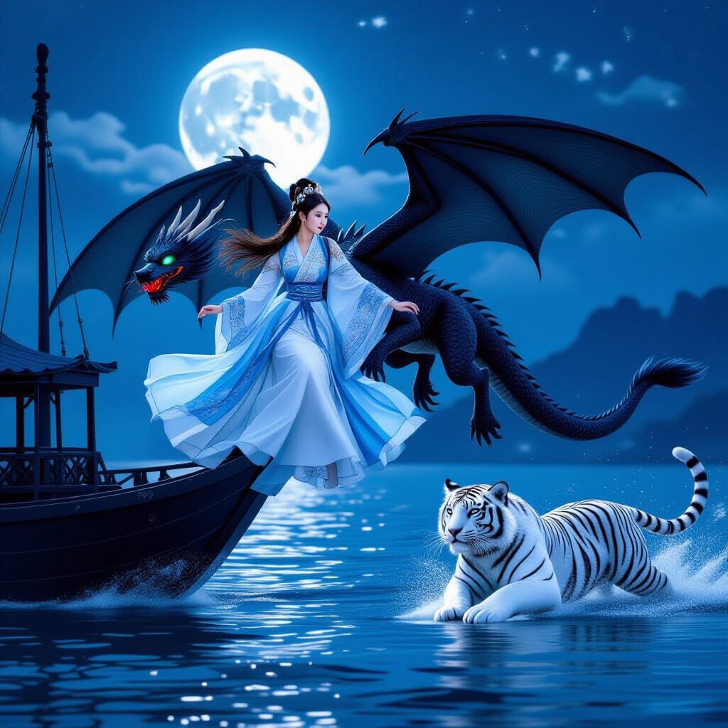 Hanfu Girl on Dragon Leaping Over Boat