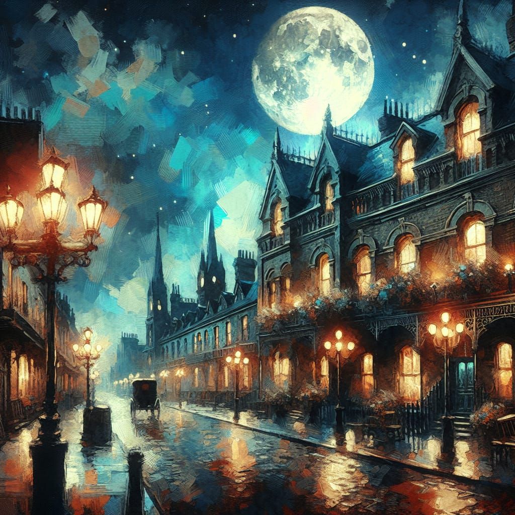 Beautiful night victorian style street, moon in Gouache Style, Watercolor, Museum Epic Impressionist Maximalist Masterpi...