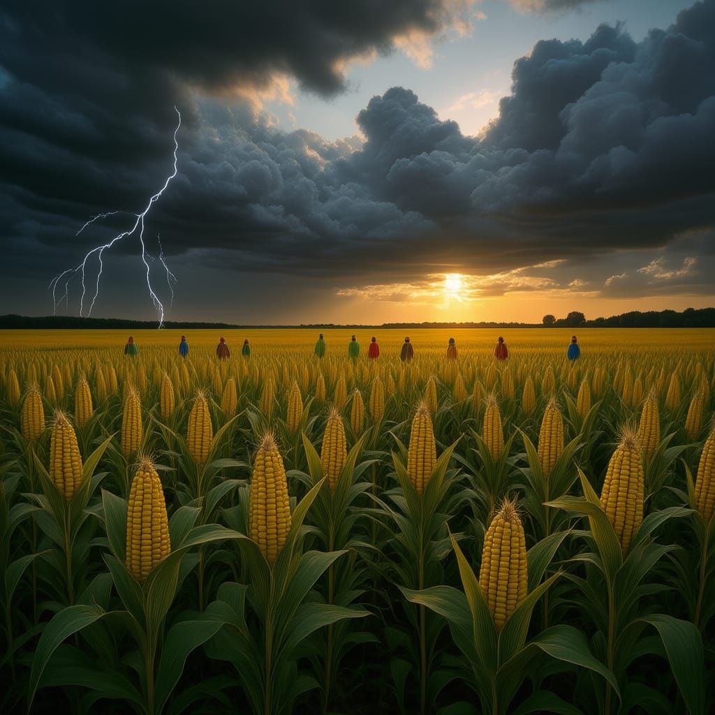 Iridescent Figures Amidst Stormy Cornfield