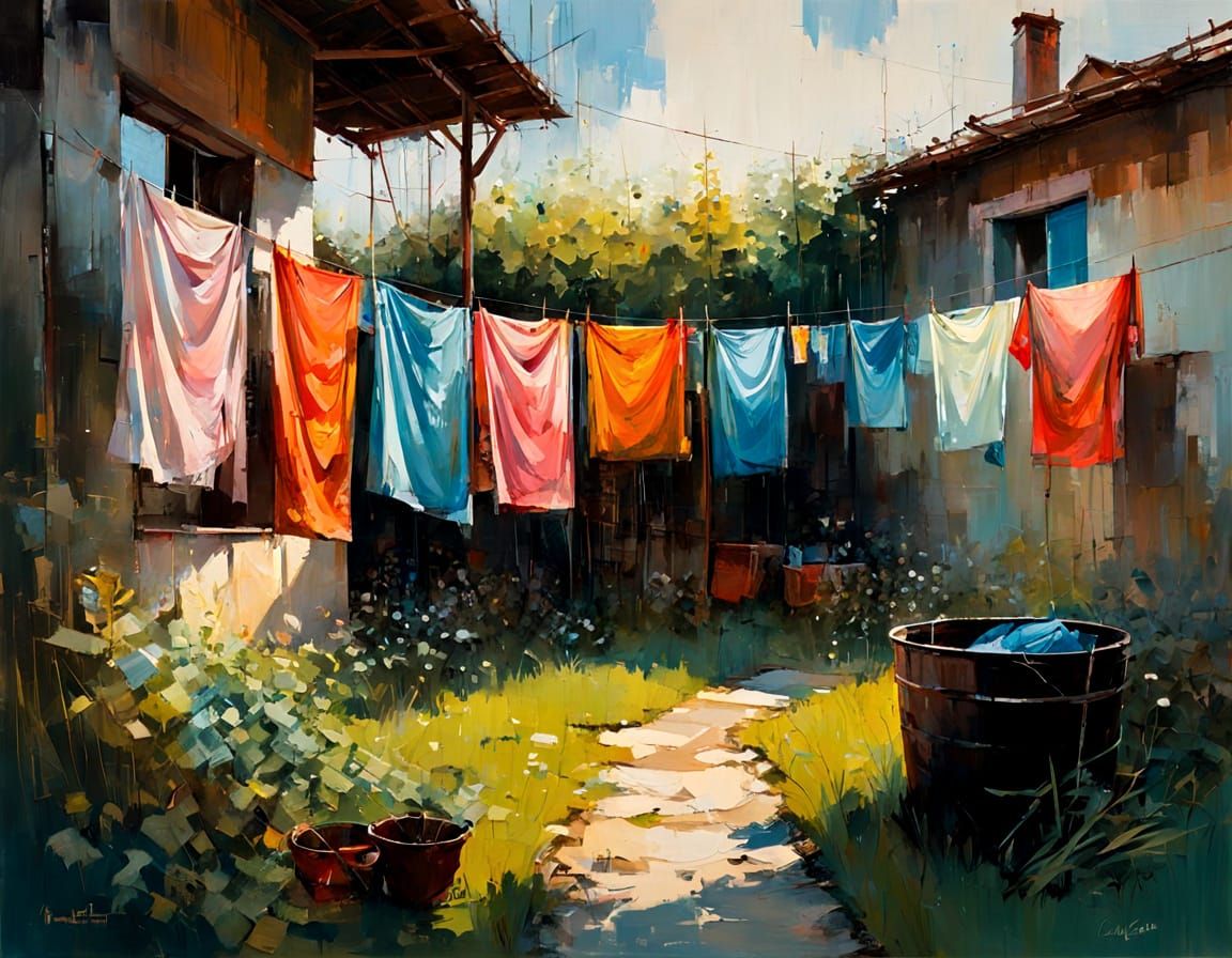Laundry in Noctilucent Backyard Scene, Deep Colors and Myste...