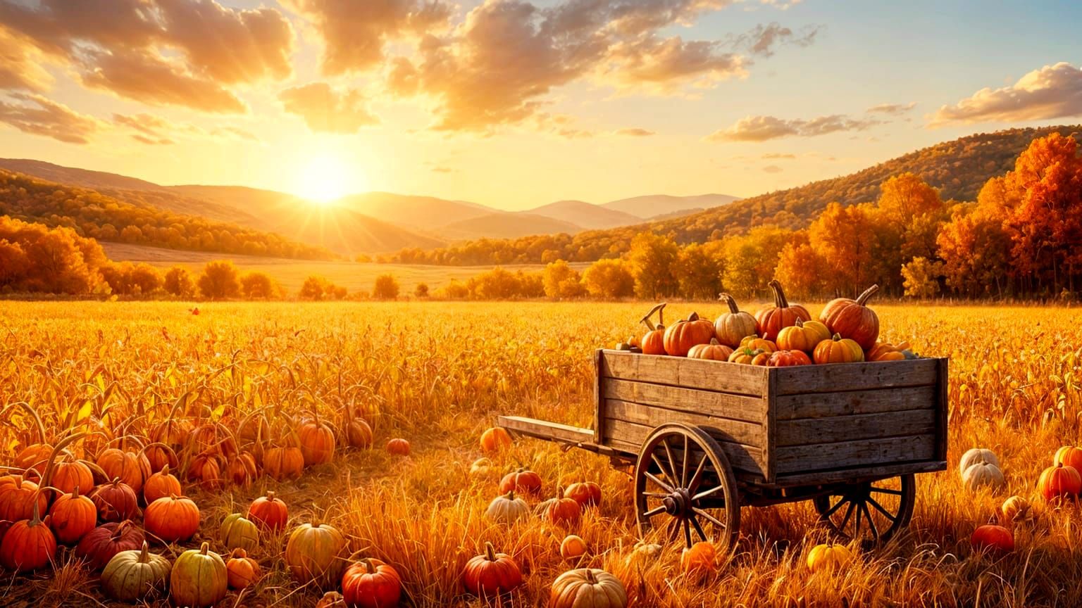 A bountiful harvest scene set in a burnt sienna golden cornf...