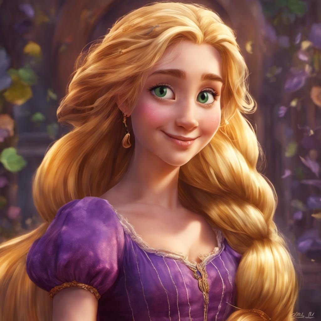 Hyperrealistic Rapunzel with Flowing Golden Hair