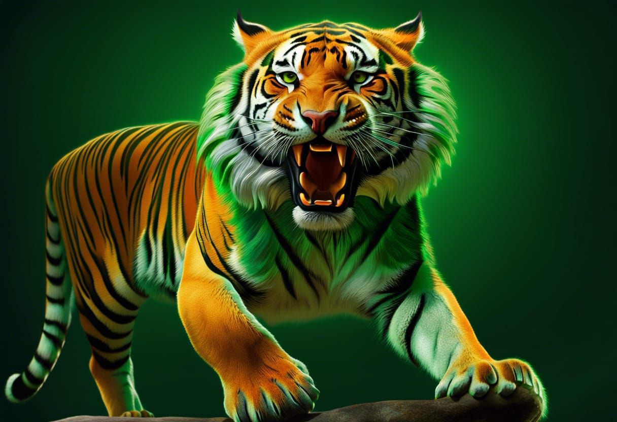 Emerald Green Tiger Roaring with Orange Stripes