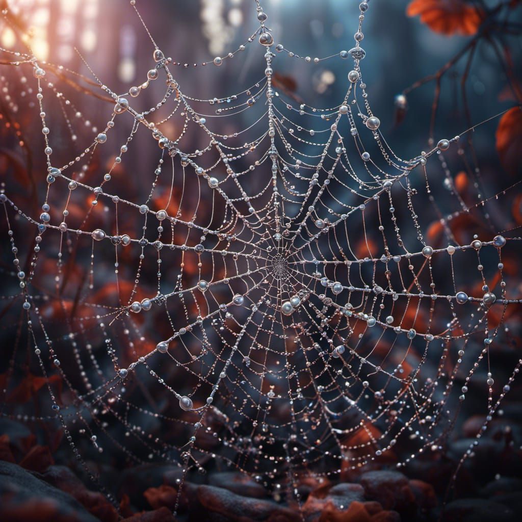 A spiderweb made of crystals, pearls and waterdrops.