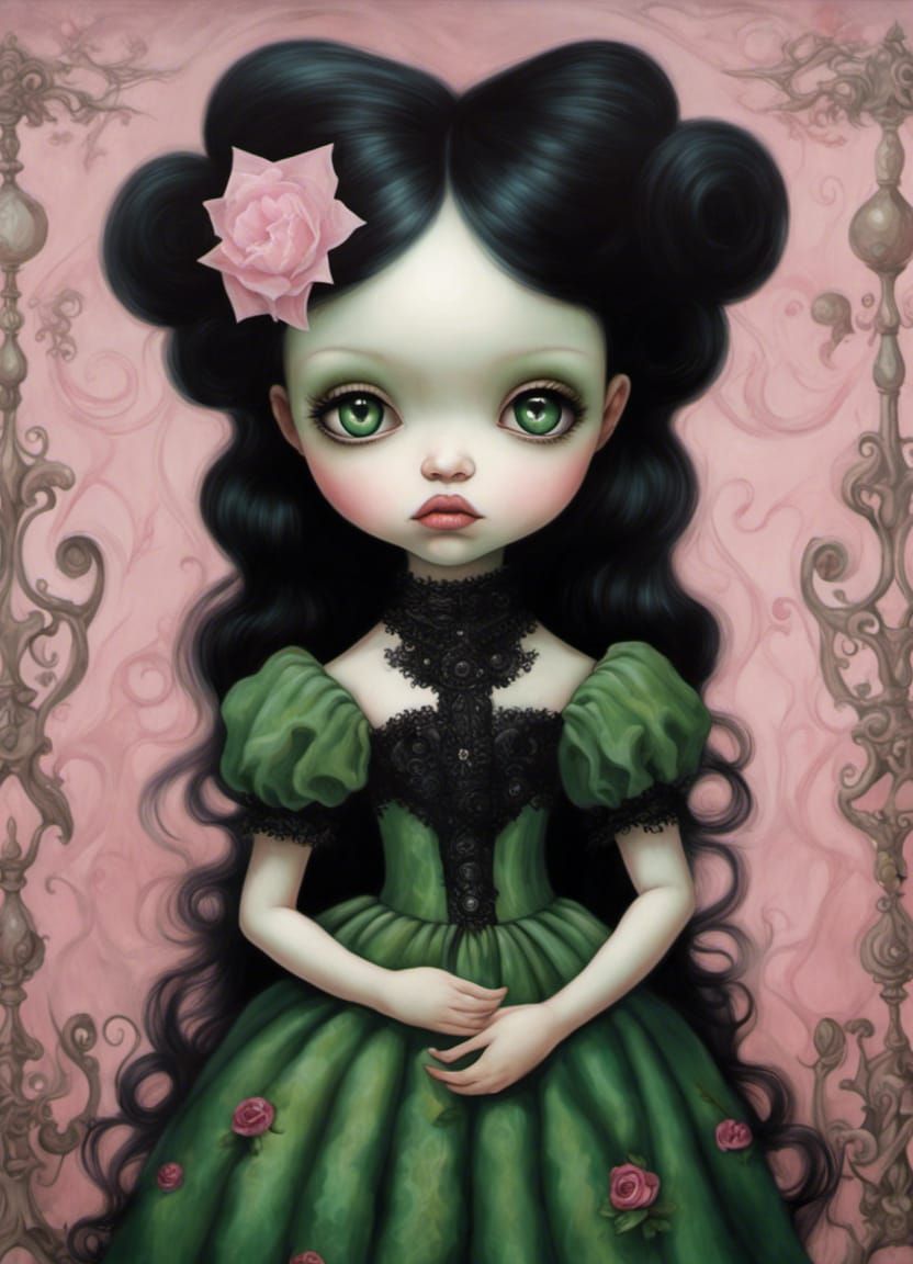 Gothic Toddler Doll with Big Green Eyes: Surrealist Painting