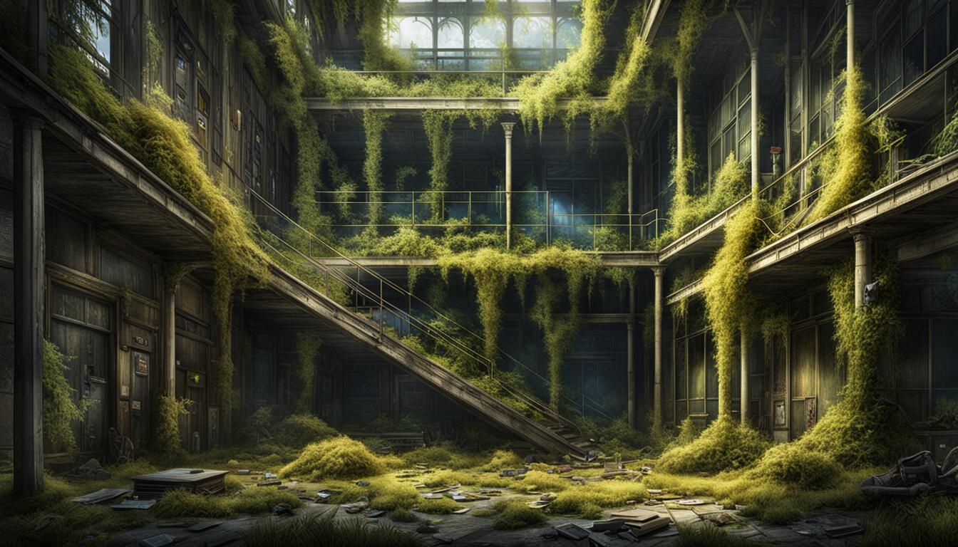 Post-Apocalyptic School with Bioluminescent Foliage