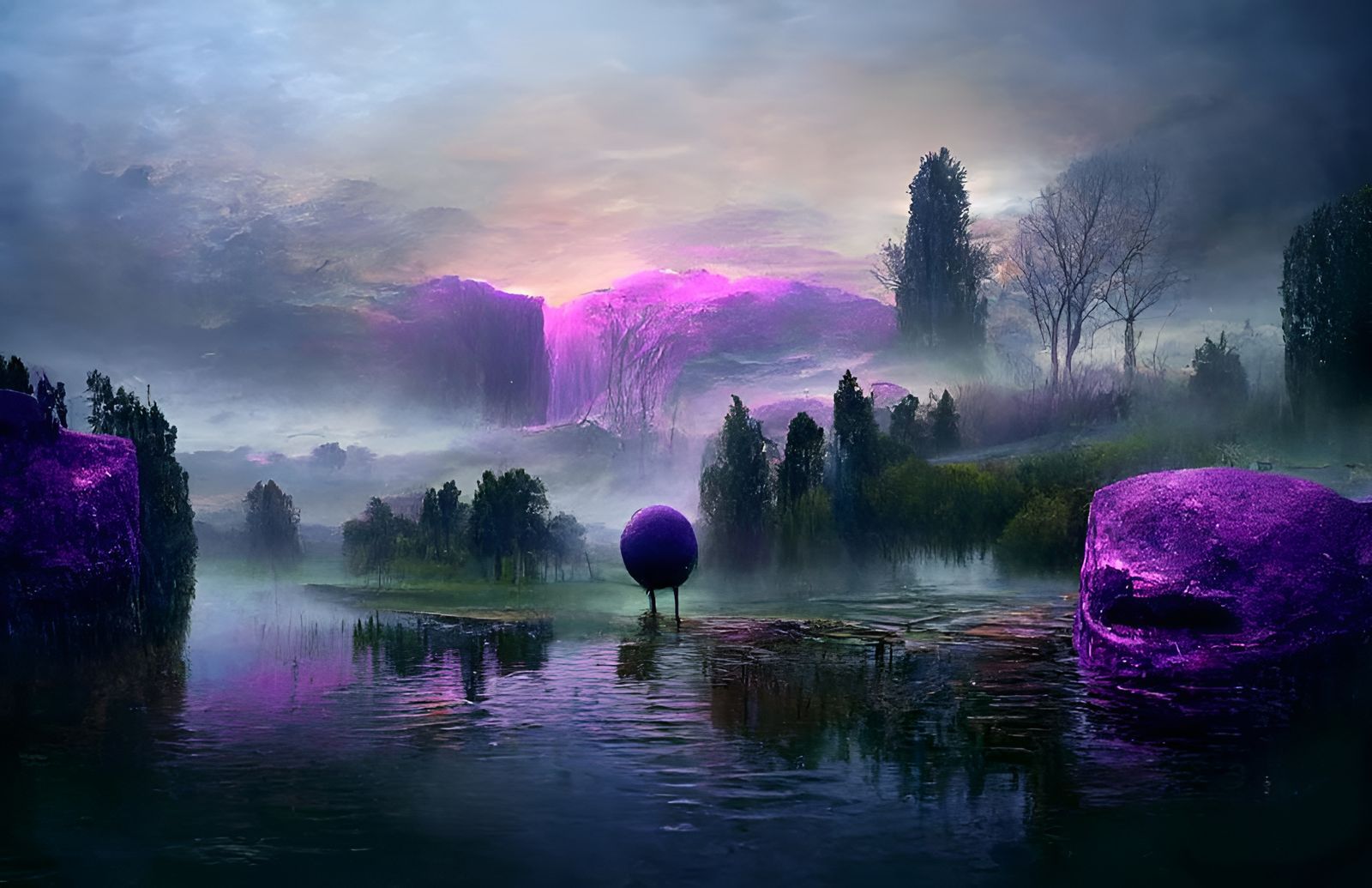 Haunted Purple Pond Landscape in Maximalist Style