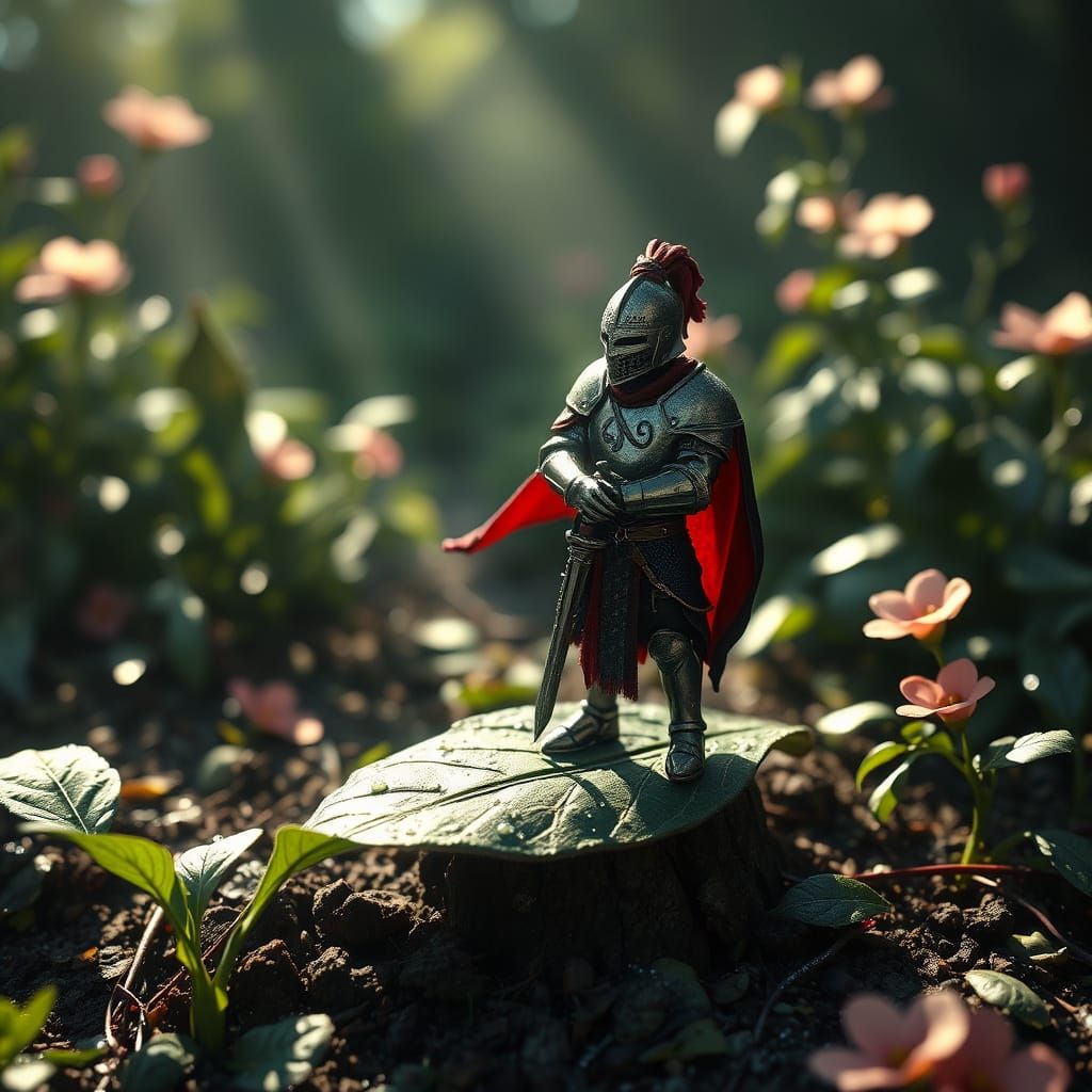 Tiny Knight in Overgrown Garden, Hyper-Realistic